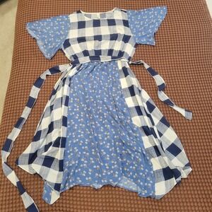 Flamingo Blue White Gingham Floral Patchwork Midi Dress Tie Waist Flutter Slv Lg